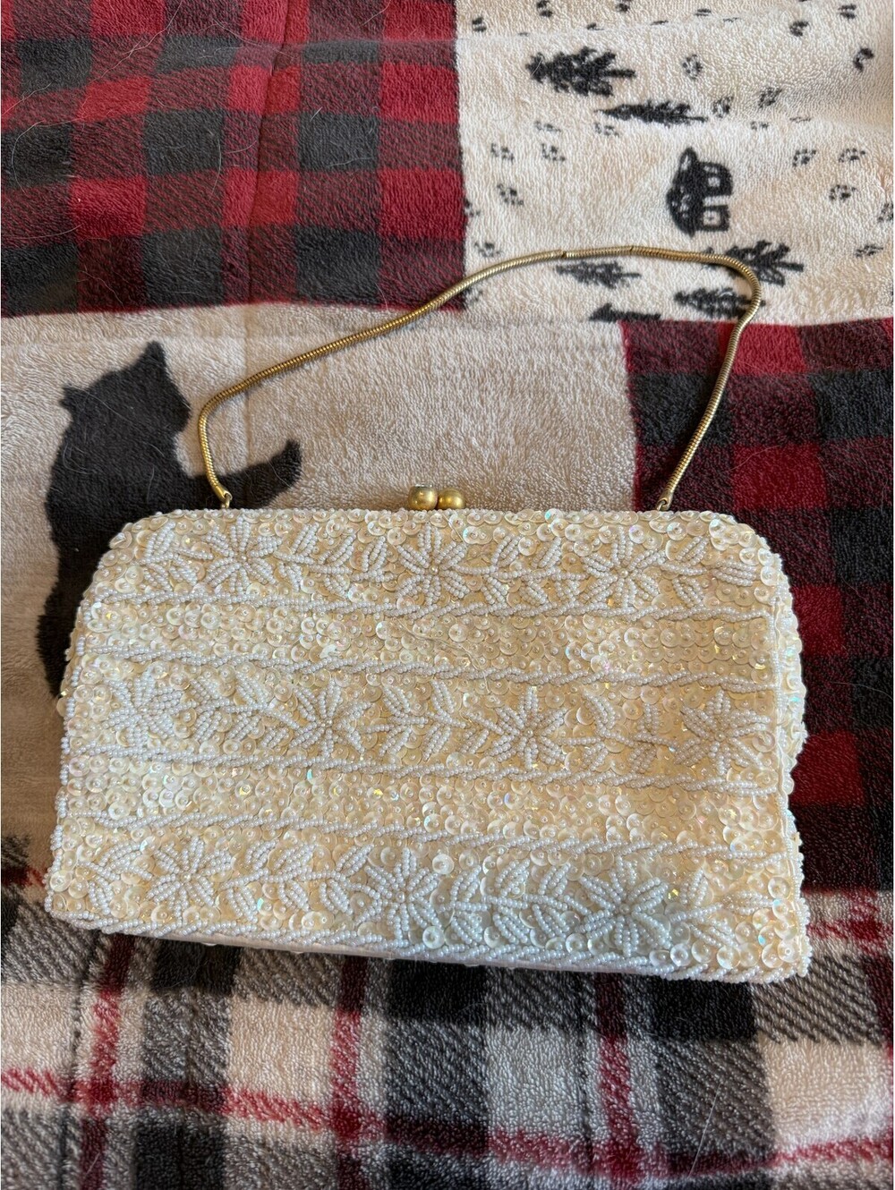Vintage 1950s 60s Hand Beaded Evening Bag Ivory Seed Pearl Sequin Hong Kong Clut